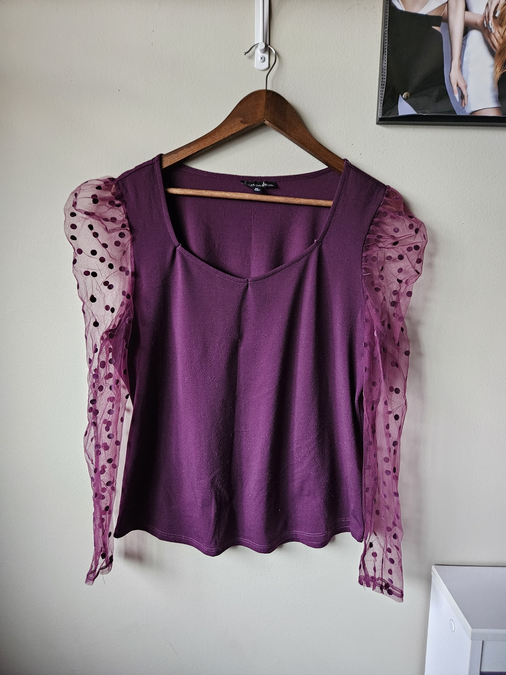 Alison Andrews Sheer Dot Sleeve Purple Top